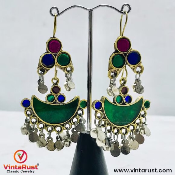 Multicolor Glass Stones Silver Earrings, AfghanTraditional Earrings,Light Weight - Picture 2 of 13